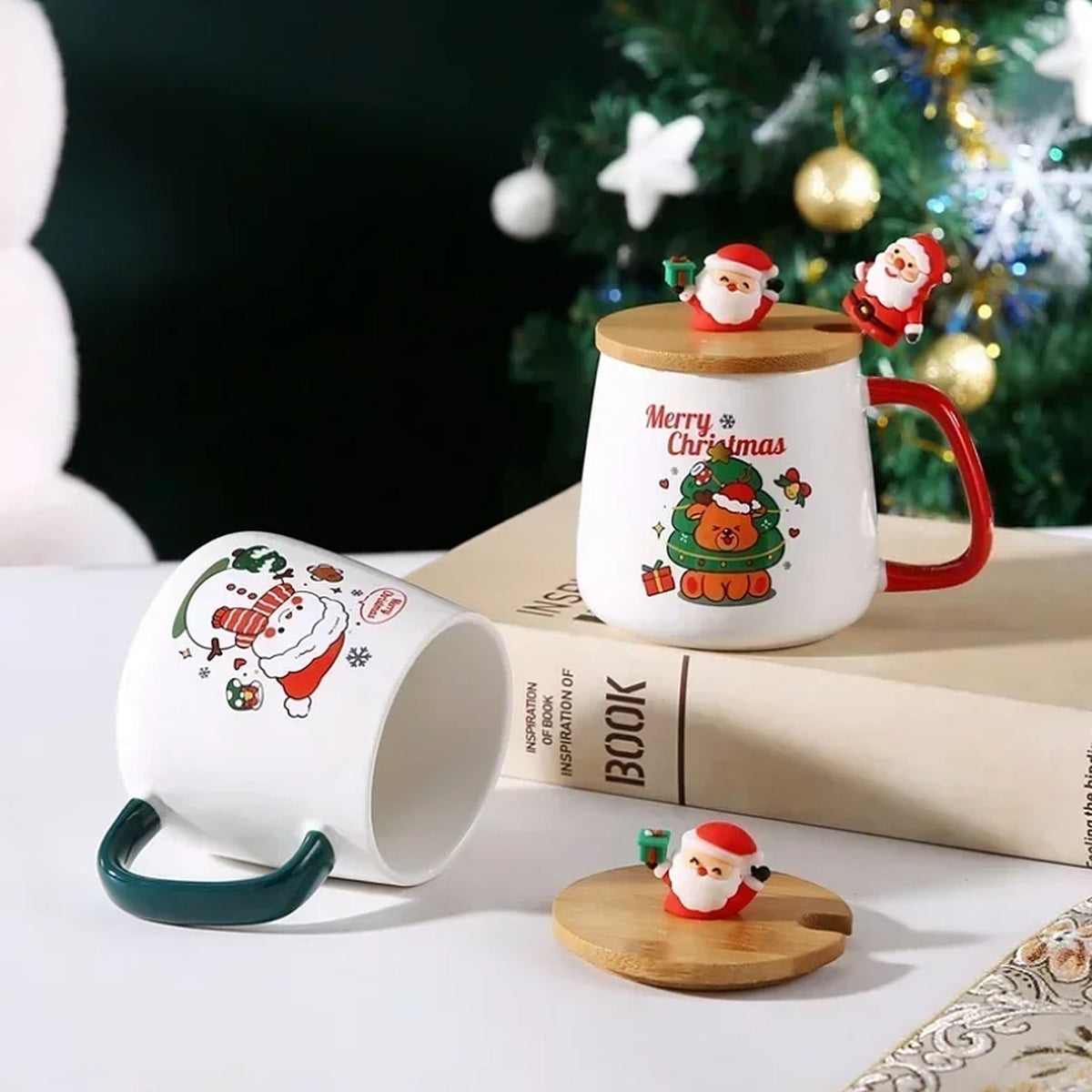 Ceramic Christmas Mug with Wooden Lid and Spoon, 400 ml