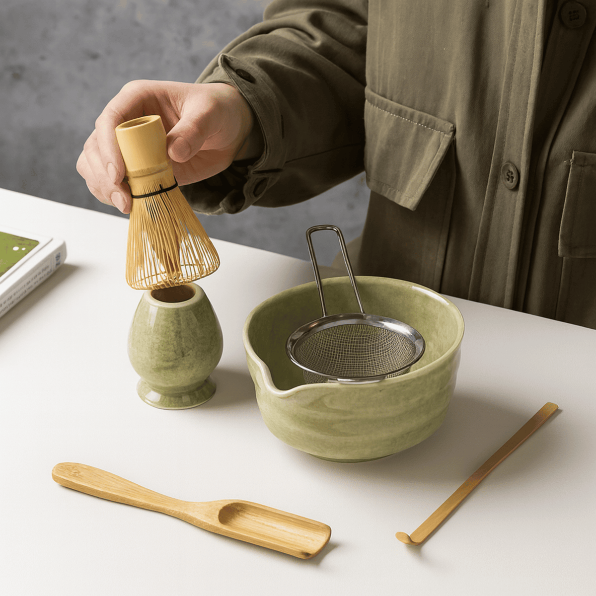 Ceramic and Bamboo Matcha Tea Set, 6 Pieces