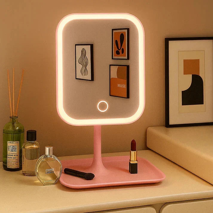 Rechargeable LED Vanity Mirror with Touch Dimmer, 3 Light Colours - Pink