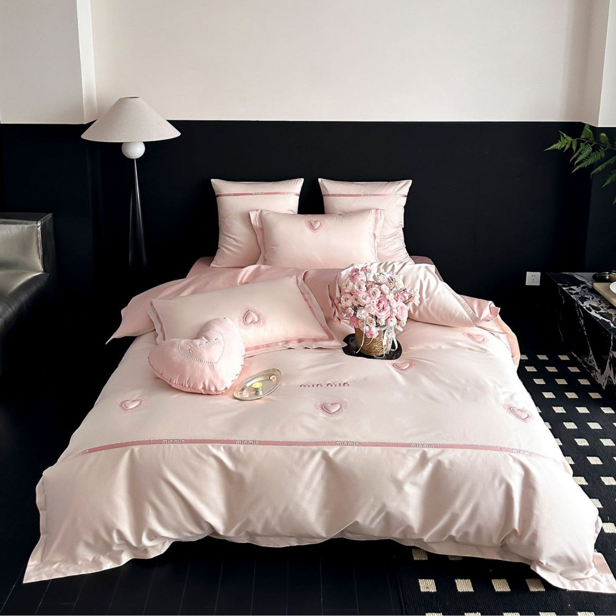 Cotton Sateen Bedding Set with Heart Appliqué