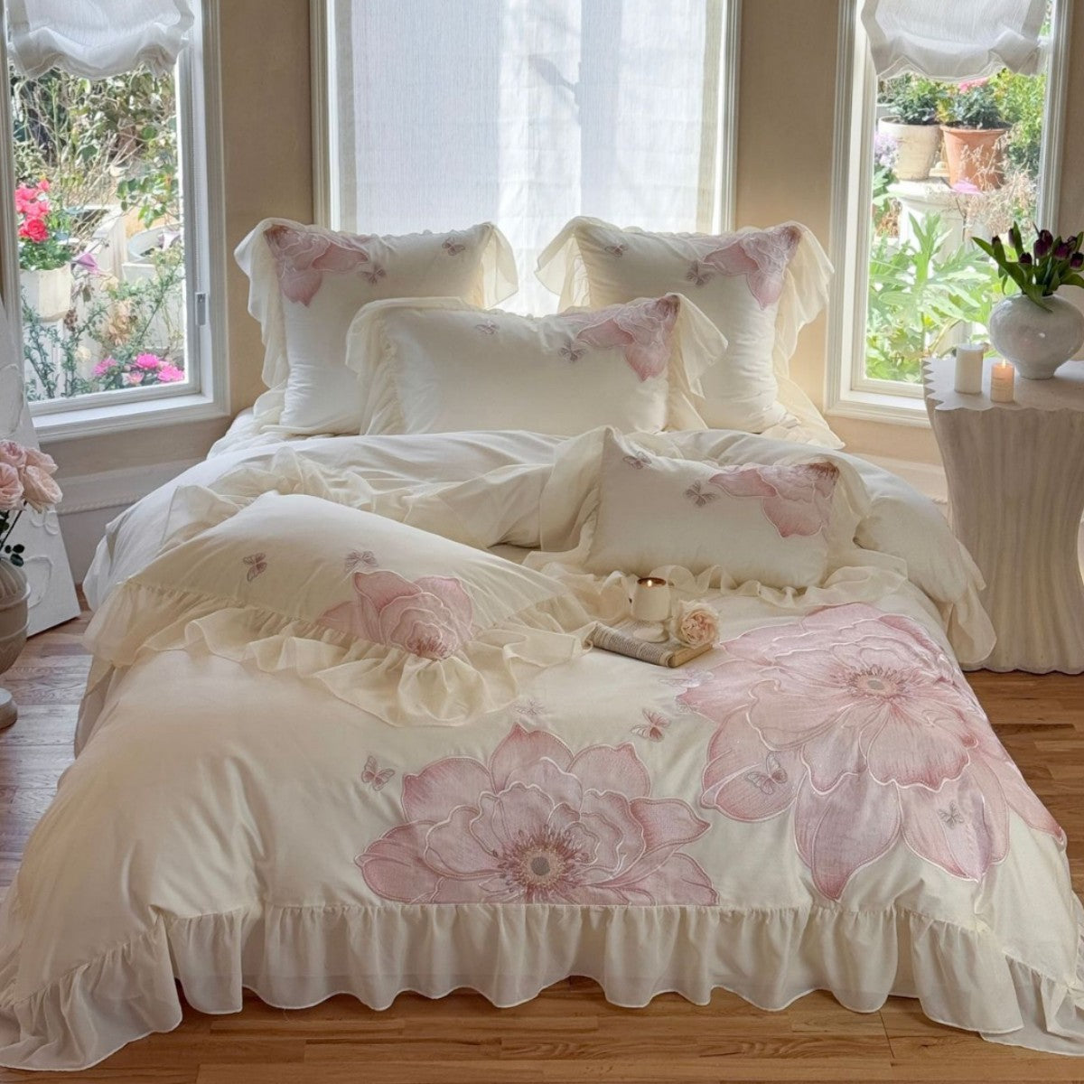 Floral Embroidered Cotton Sateen Bedding Set with Ruffles