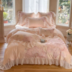 Floral Embroidered Cotton Sateen Bedding Set with Ruffles