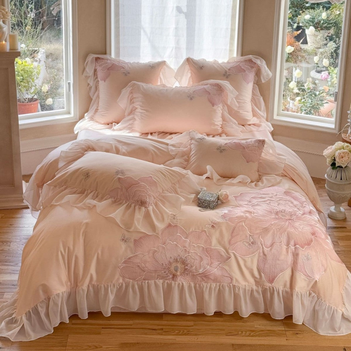 Floral Embroidered Cotton Sateen Bedding Set with Ruffles