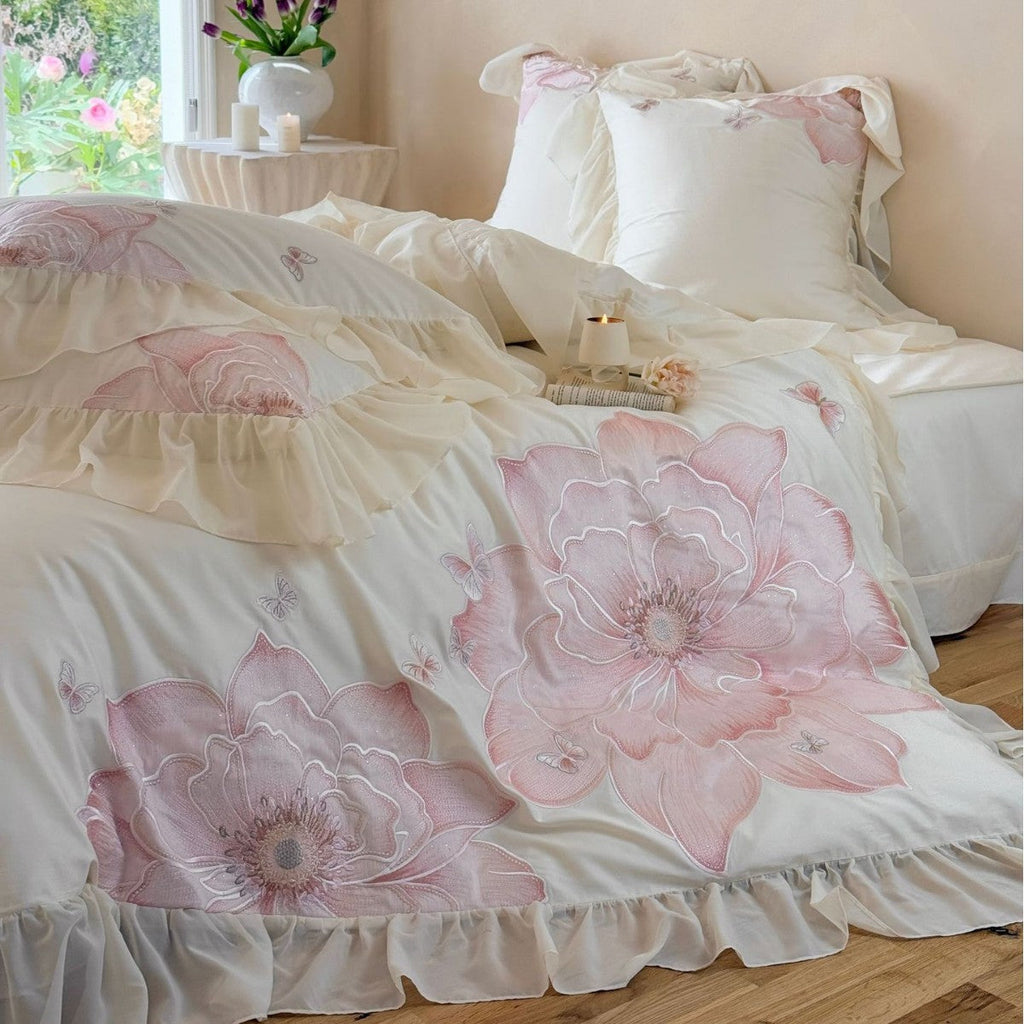 Floral Embroidered Cotton Sateen Bedding Set with Ruffles