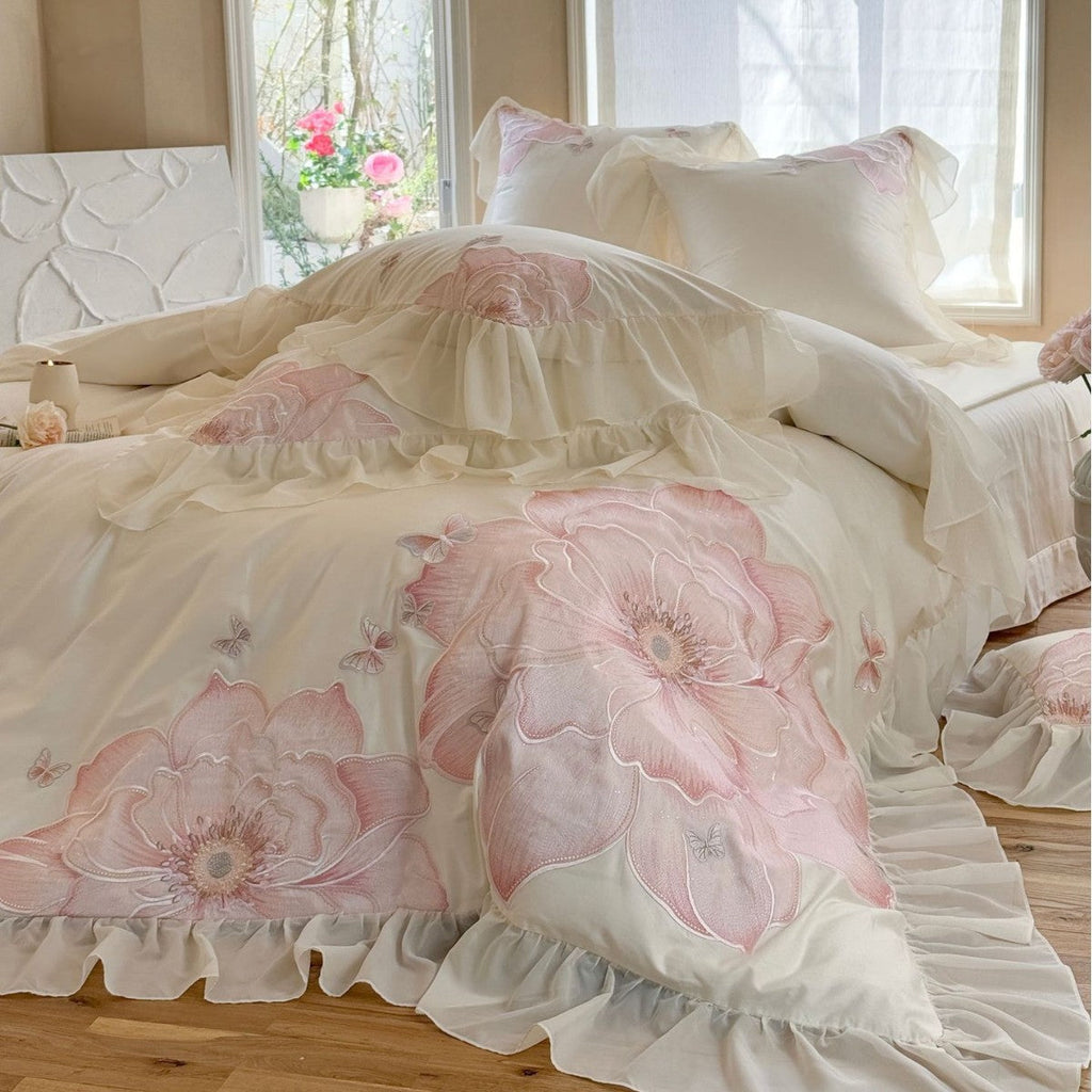 Floral Embroidered Cotton Sateen Bedding Set with Ruffles