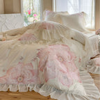 Floral Embroidered Cotton Sateen Bedding Set with Ruffles