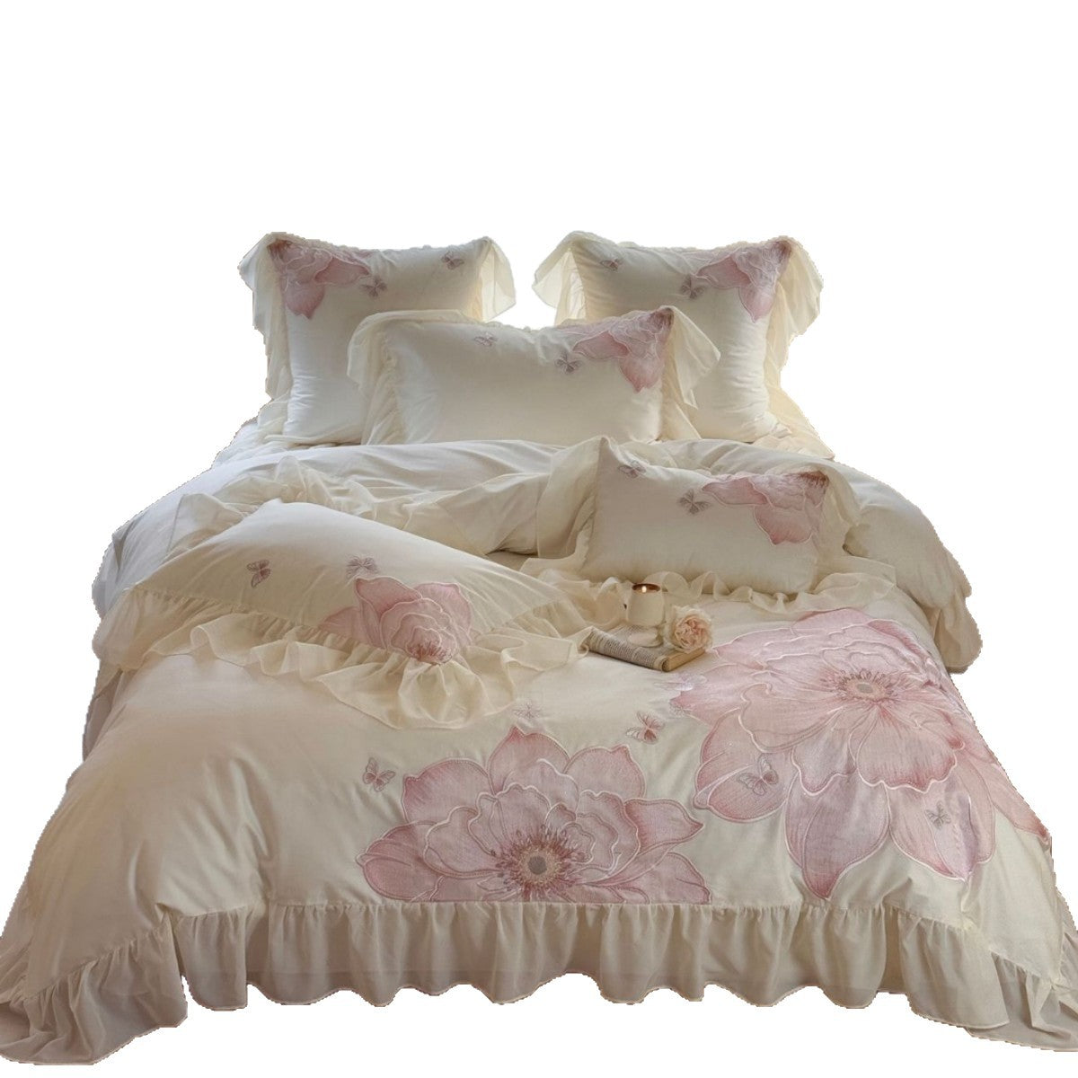 Floral Embroidered Cotton Sateen Bedding Set with Ruffles