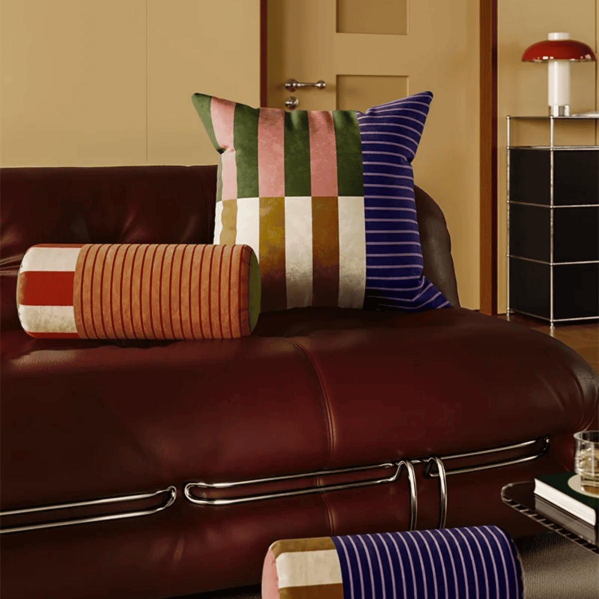 Striped Velvet Bolster Cushion, 20 x 45 cm