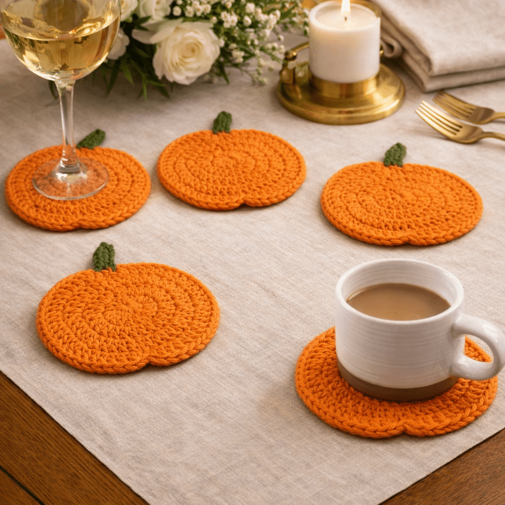 Crochet Pumpkin Coasters, Handmade Autumn Table Décor, Set of 4 - product view 5