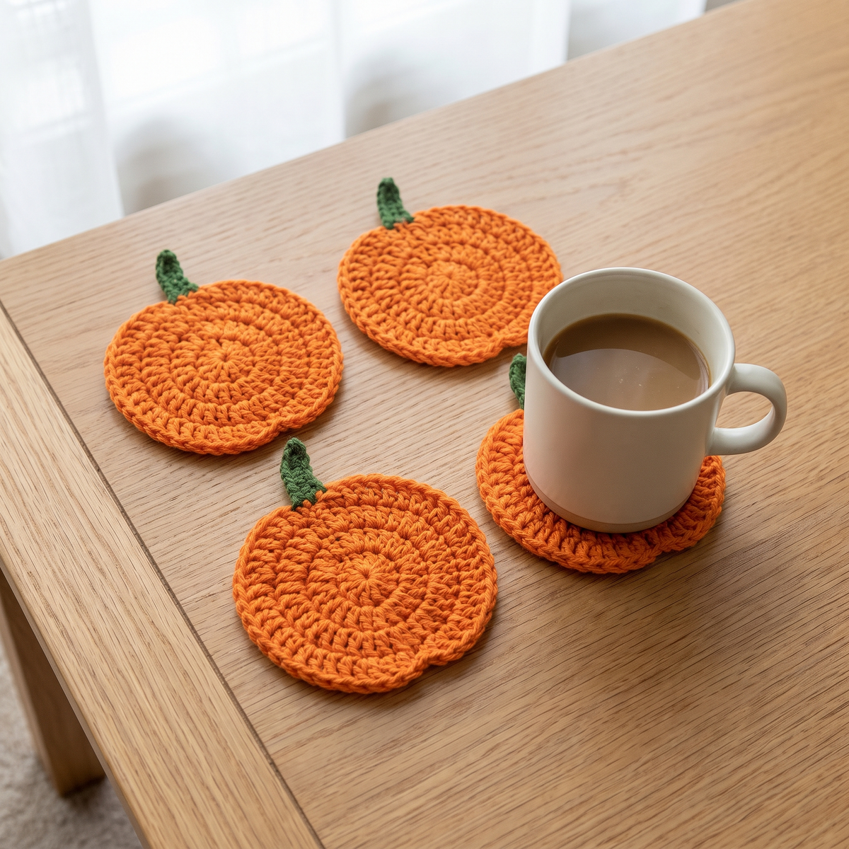 Crochet Pumpkin Coasters, Handmade Autumn Table Décor, Set of 4 - product view 1