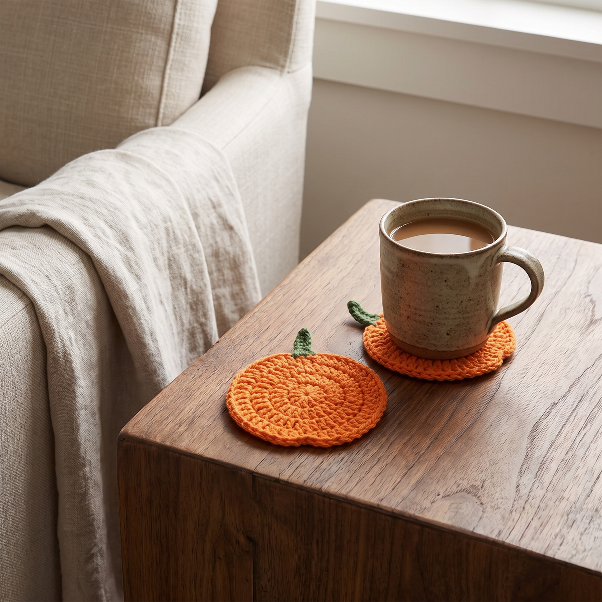 Crochet Pumpkin Coasters, Handmade Autumn Table Décor, Set of 4 - product view 3