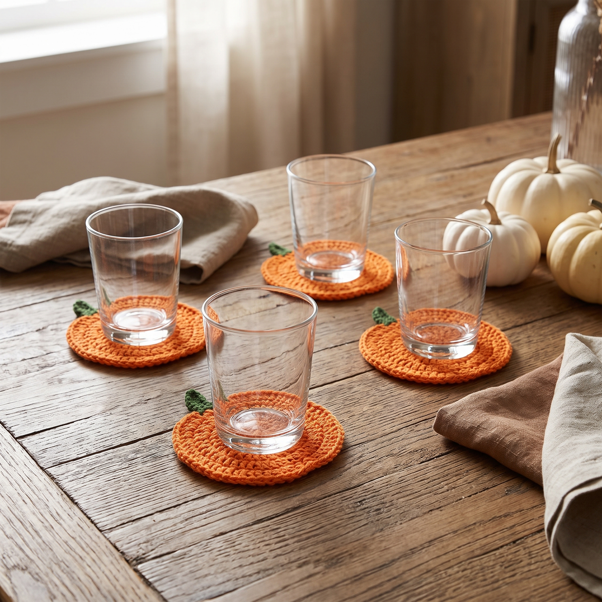 Crochet Pumpkin Coasters, Handmade Autumn Table Décor, Set of 4 - product view 4