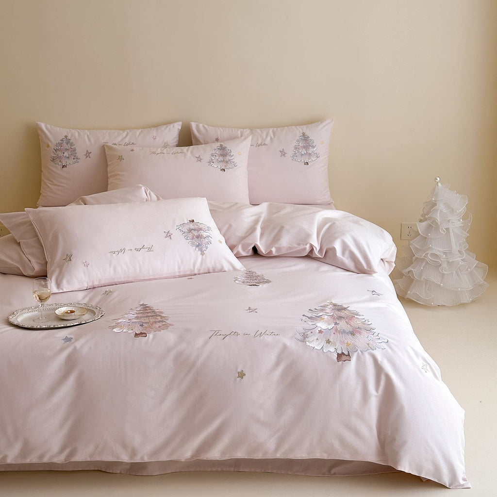 Cotton Sateen Bedding Set with Embroidered Christmas Trees