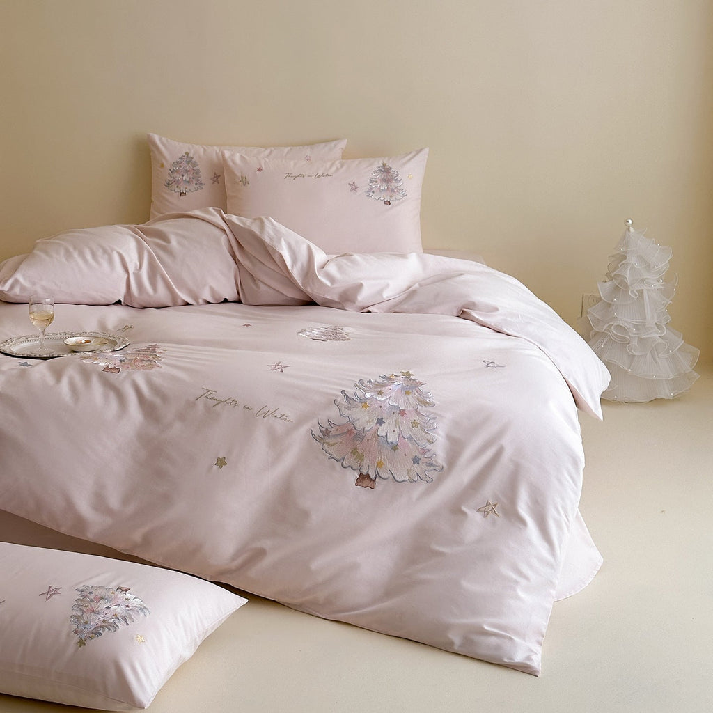 Cotton Sateen Bedding Set with Embroidered Christmas Trees