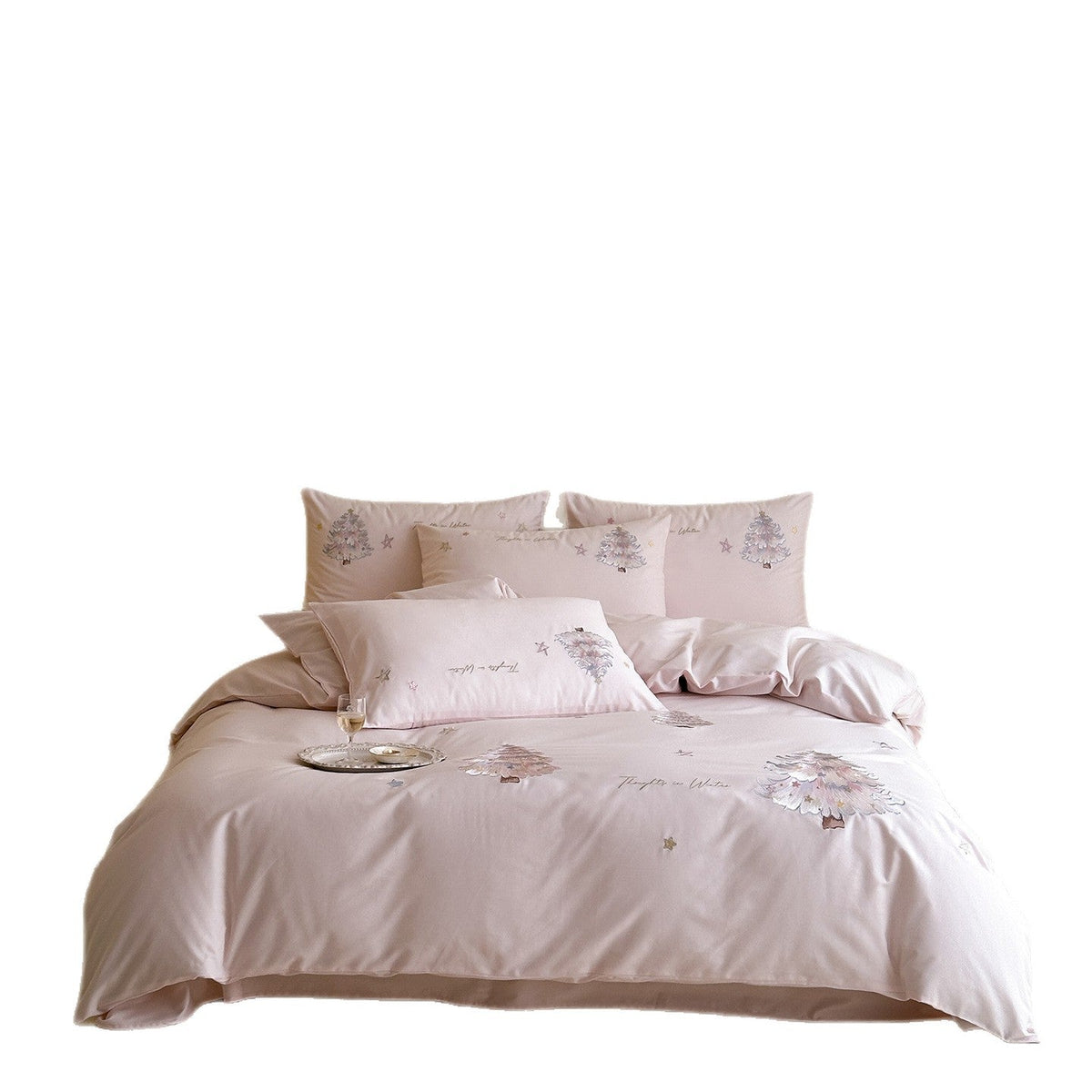 Cotton Sateen Bedding Set with Embroidered Christmas Trees