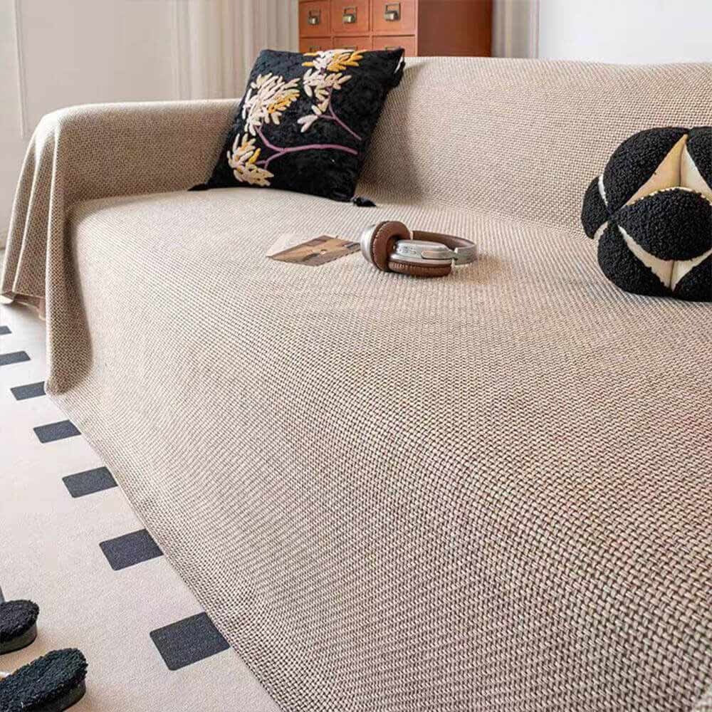Linen-Look Sofa Throw Cover, Reversible Polyester Furniture Protector — product view 1