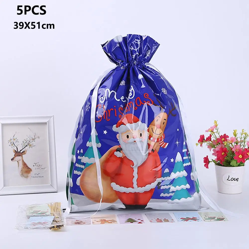 Drawstring Christmas Gift Wrapping Bags, Pack of 5