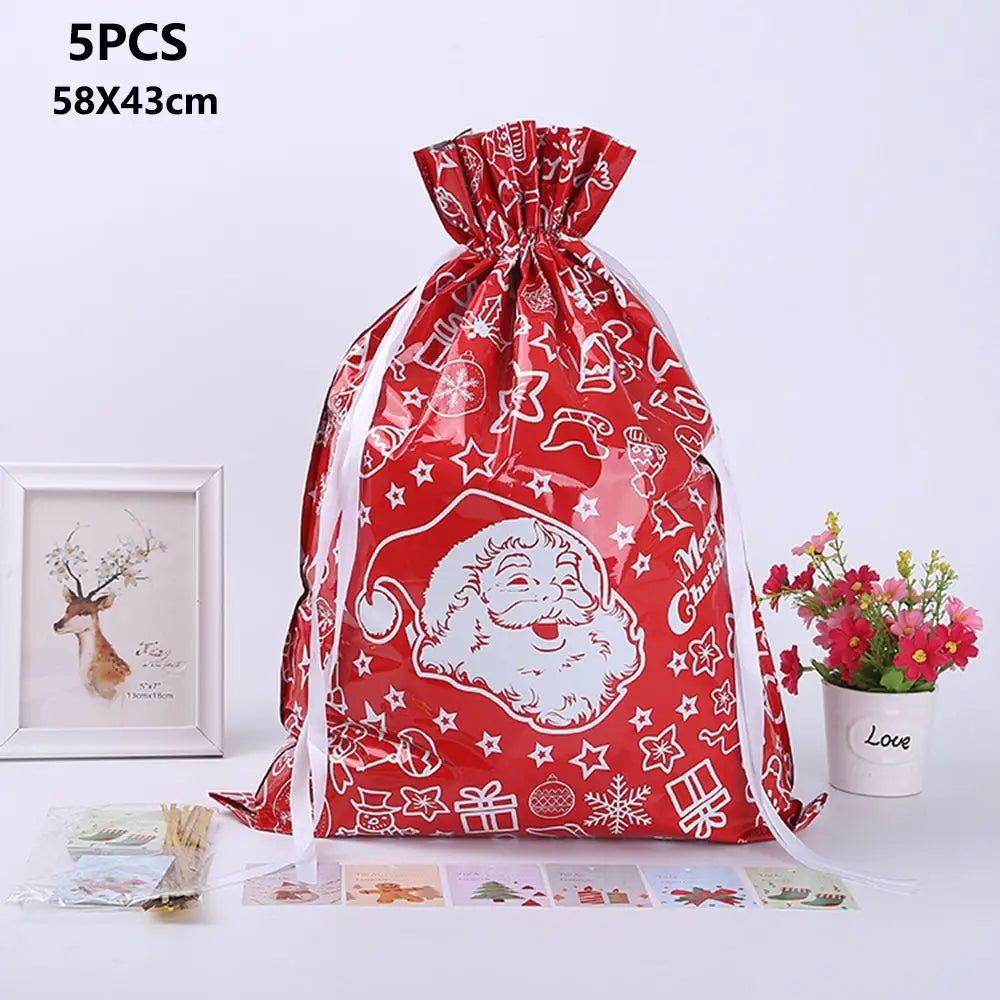 Drawstring Christmas Gift Wrapping Bags, Pack of 5