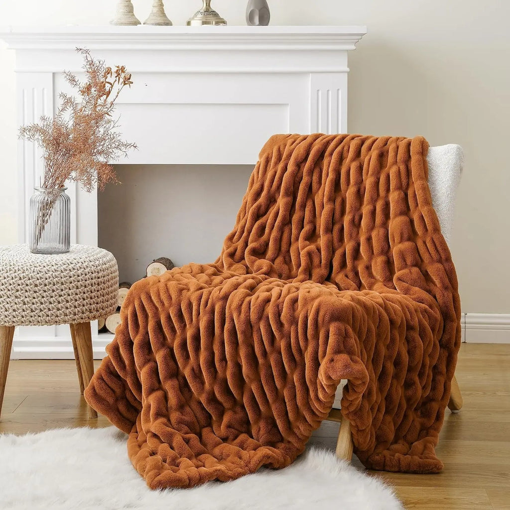 Ruched Faux Rabbit Fur Throw Blanket, Double-Sided Soft Texture — product view 11