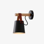 Wood-Arm Wall Sconce with Leather Strap and Cone Shade - view 2