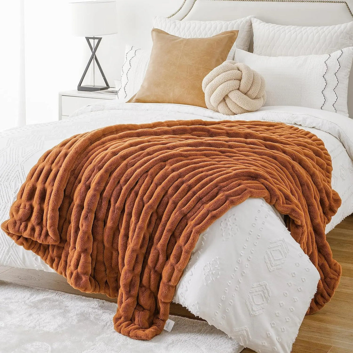 Ruched Faux Rabbit Fur Throw Blanket, Double-Sided Soft Texture — product view 12