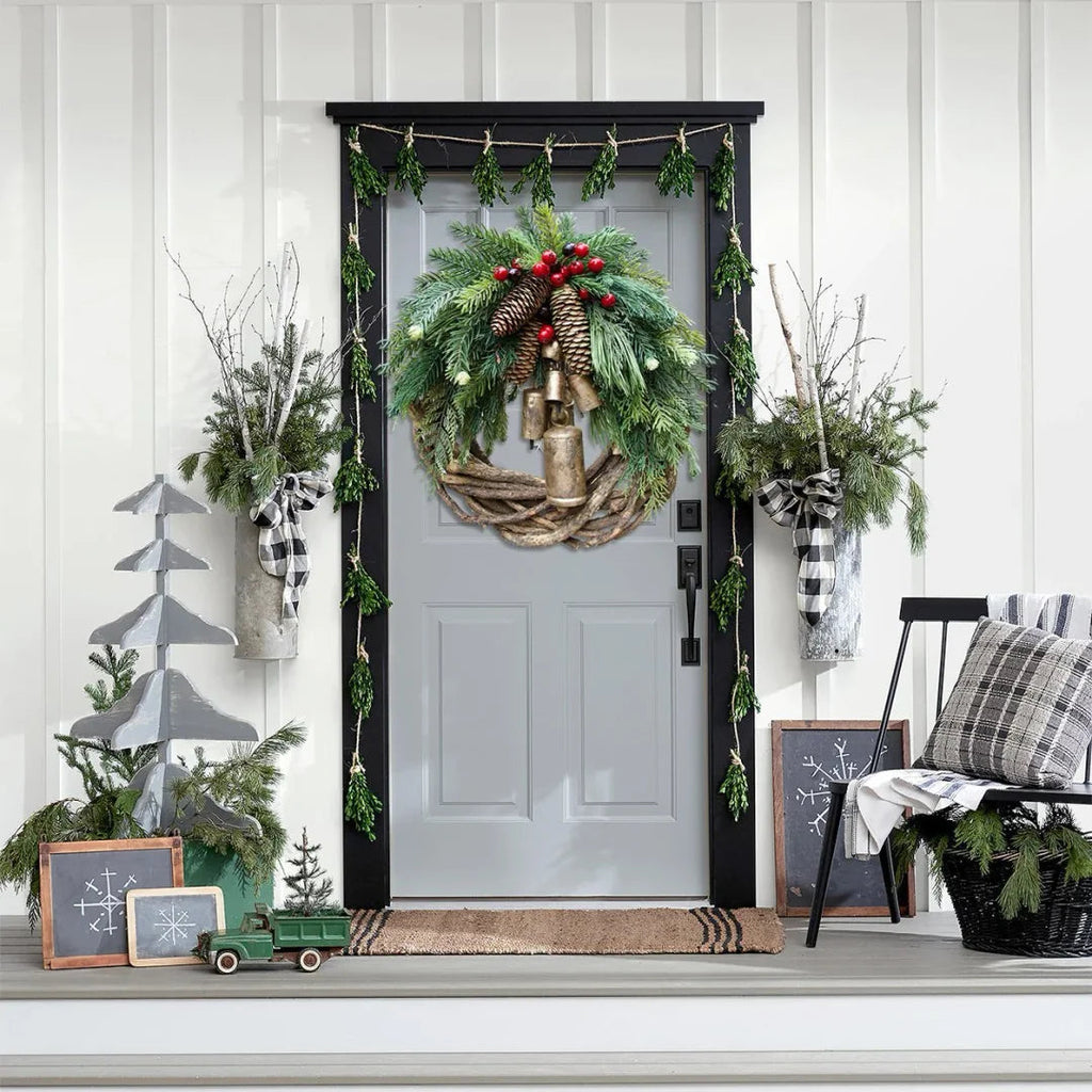 Boho Christmas Wreath with Pinecones, Berries & Golden Bells - product view 6