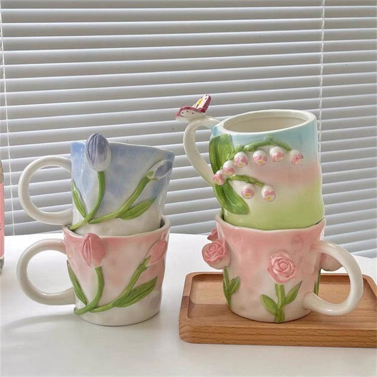 Raised Floral Ceramic Mug, 350 mL