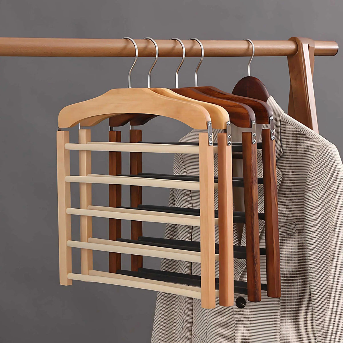 Multi-Tier Wardrobe Hanger, Wood and Metal Organiser - product view 6