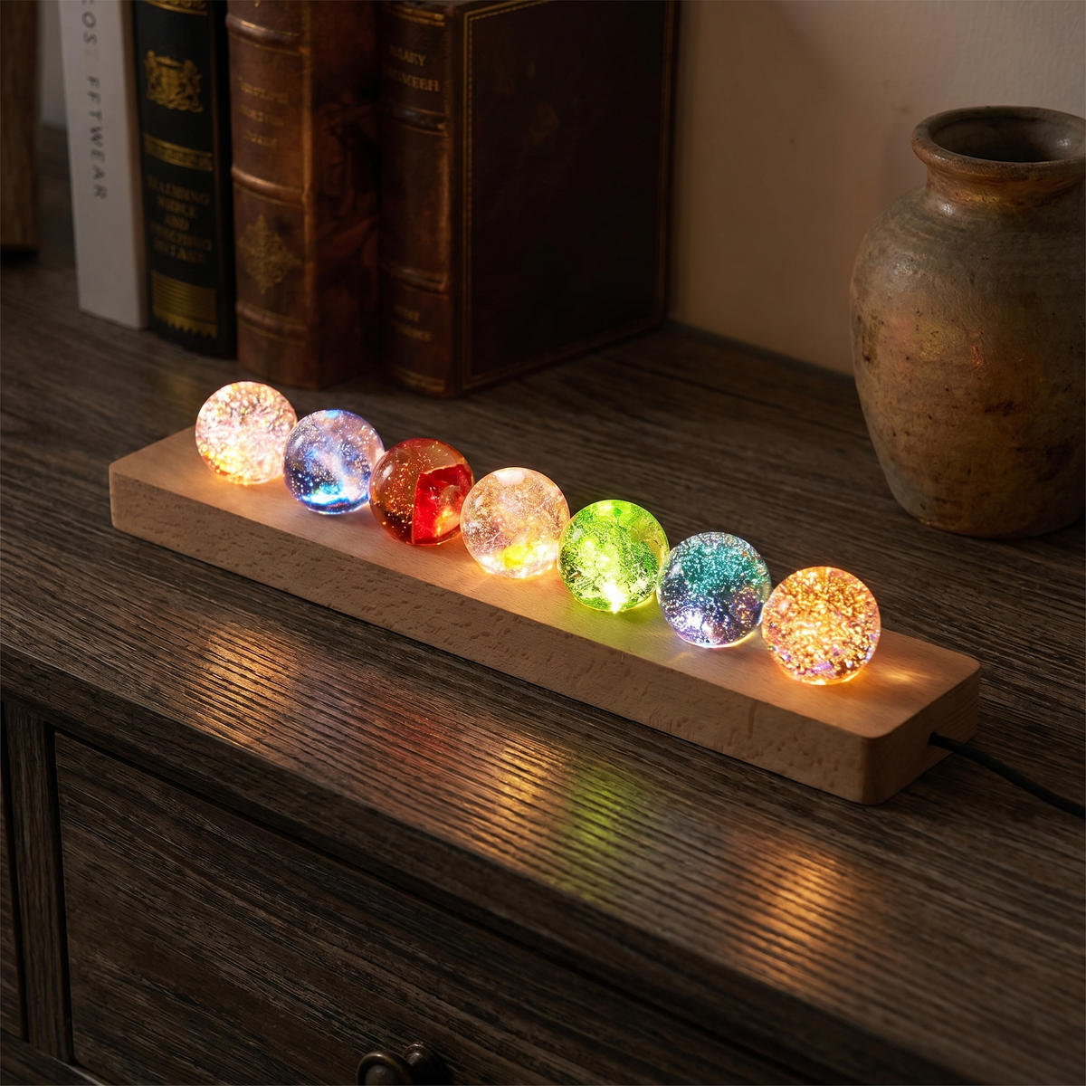 Galaxy Crystal Orb Lamp Set, Seven Orbs with USB Wood Base - product view 1