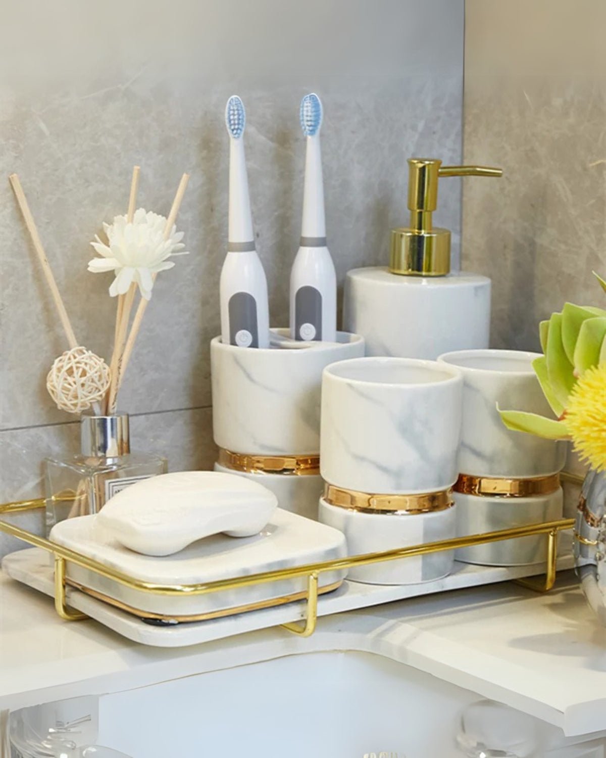 Marble Effect Ceramic Bathroom Accessories, 6 Pieces