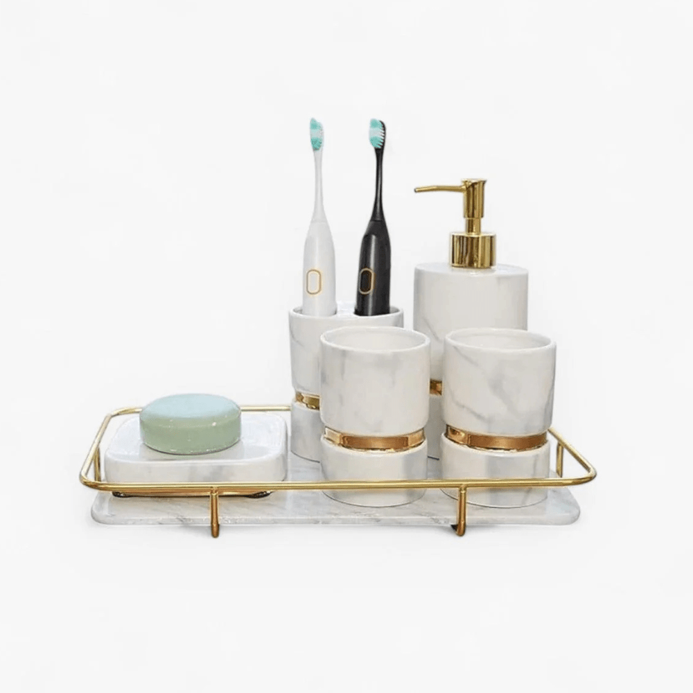 Marble Effect Ceramic Bathroom Accessories, 6 Pieces