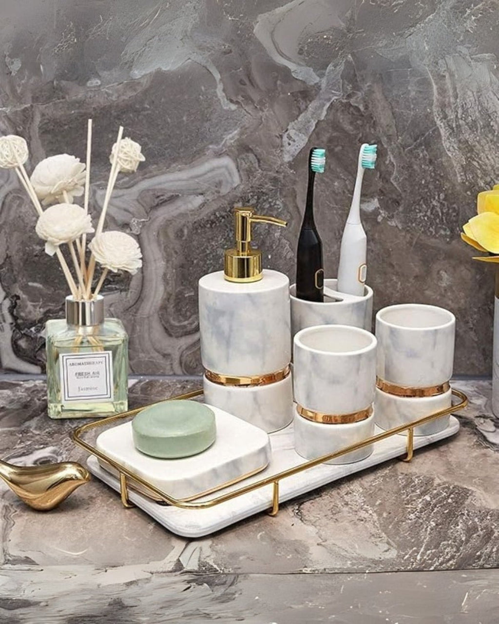 Marble Effect Ceramic Bathroom Accessories, 6 Pieces