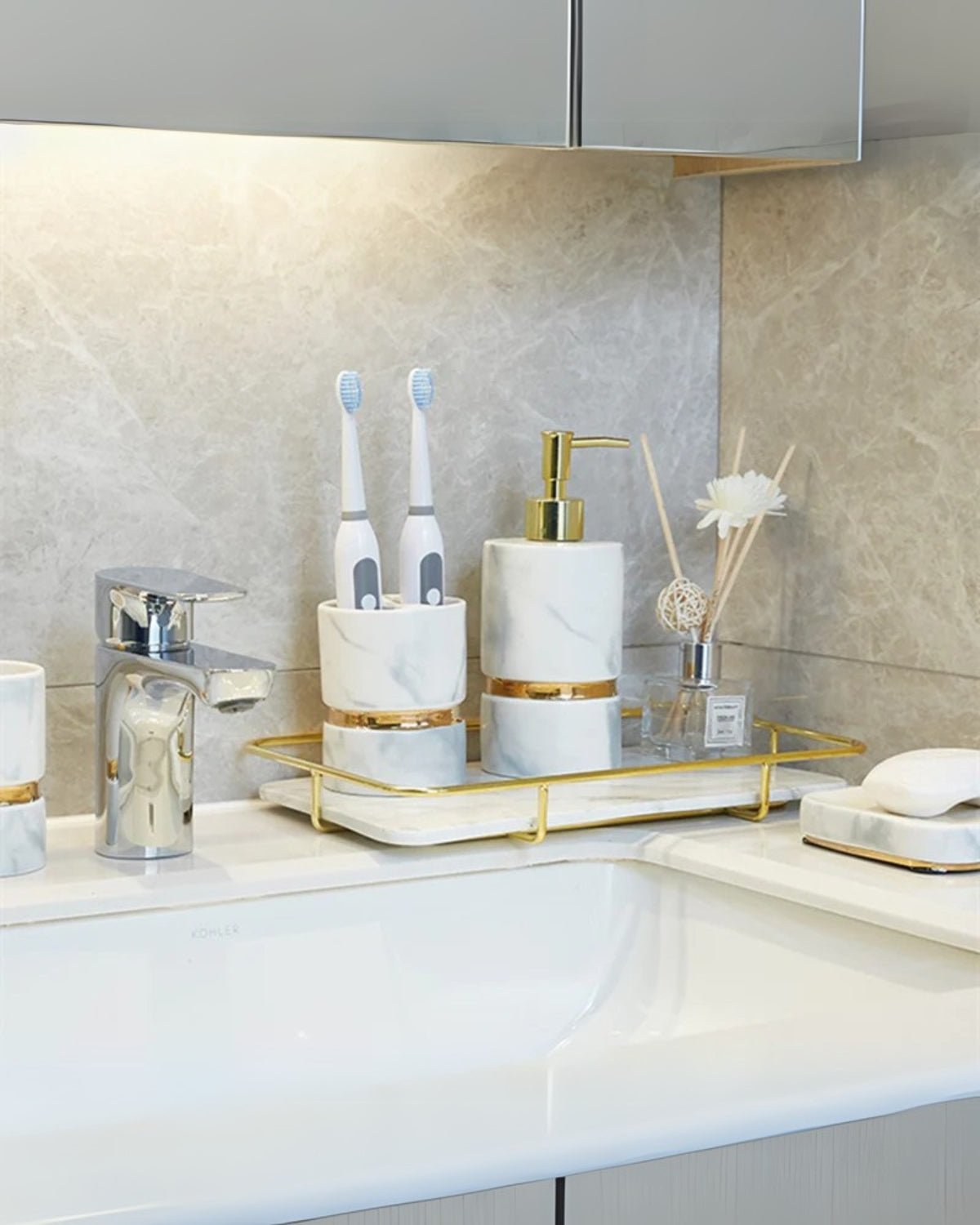 Marble Effect Ceramic Bathroom Accessories, 6 Pieces