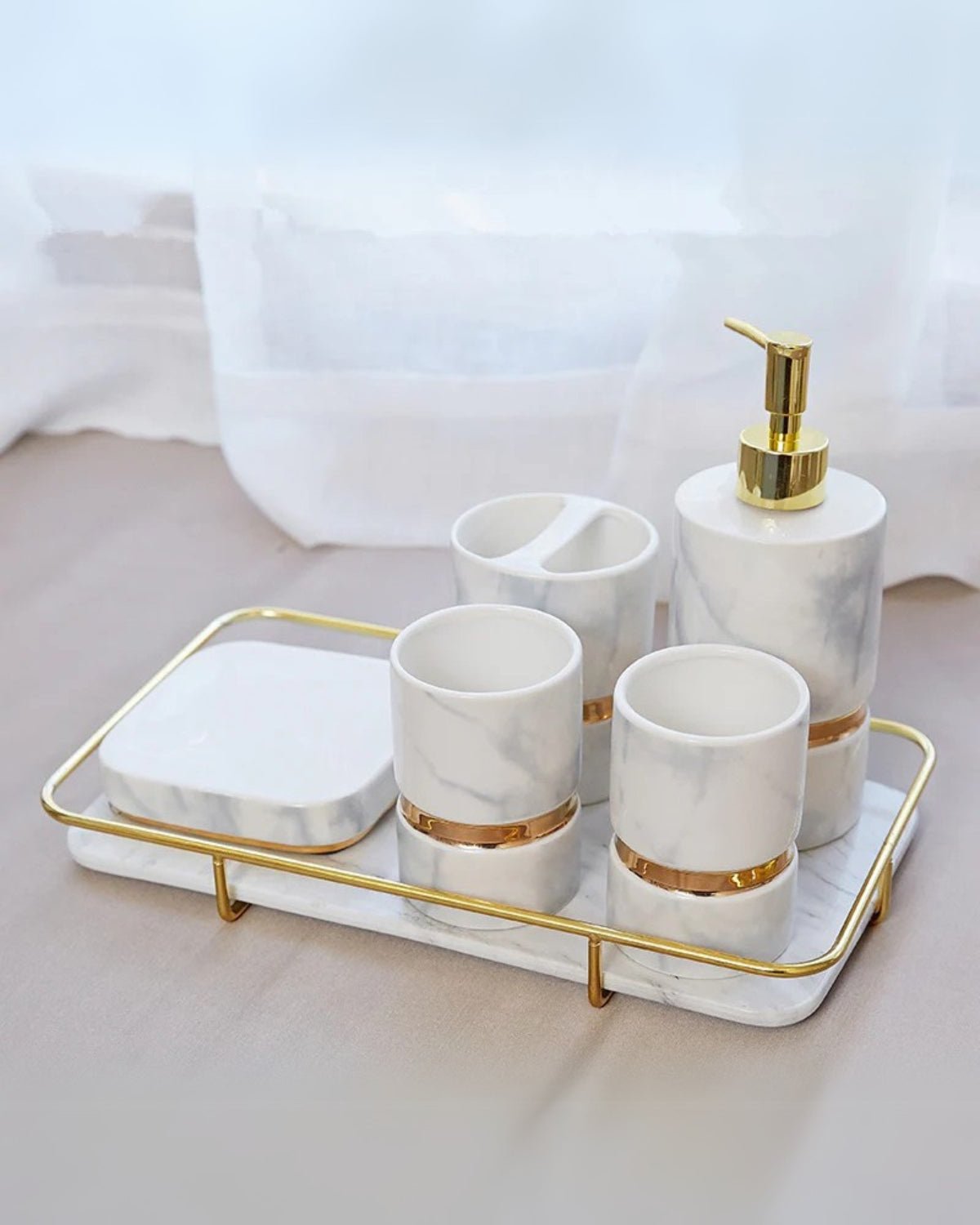 Marble Effect Ceramic Bathroom Accessories, 6 Pieces