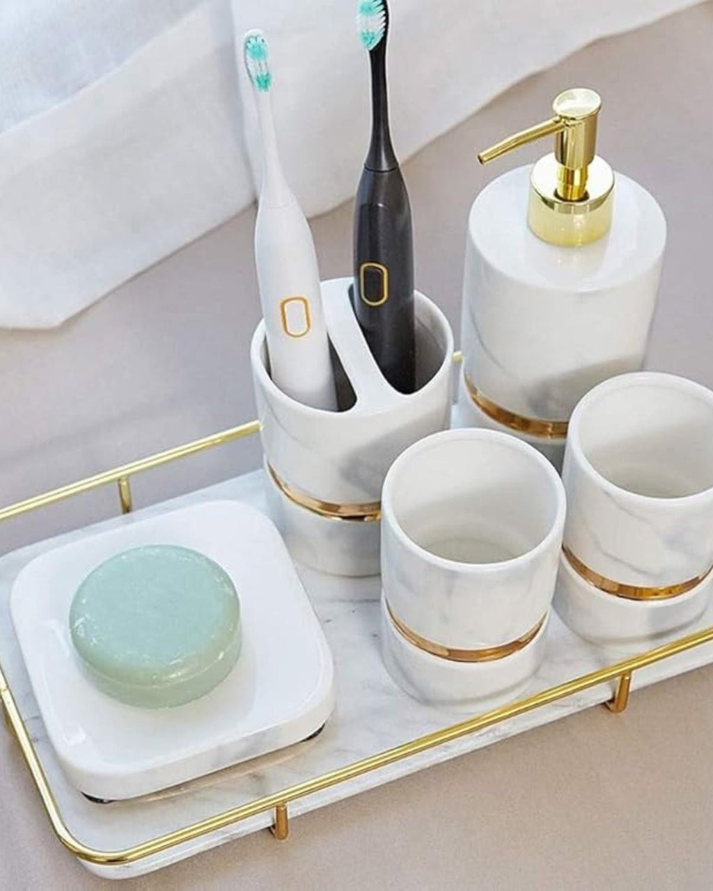 Marble Effect Ceramic Bathroom Accessories, 6 Pieces