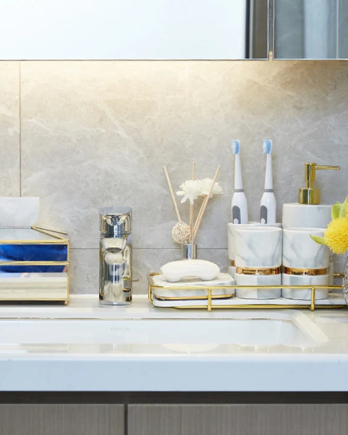 Marble Effect Ceramic Bathroom Accessories, 6 Pieces