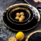Gold Rim Porcelain Plates and Bowls, Set of 6