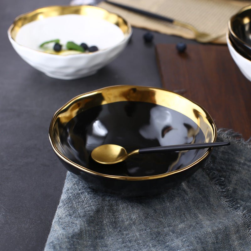 Gold Rim Porcelain Plates and Bowls, Set of 6