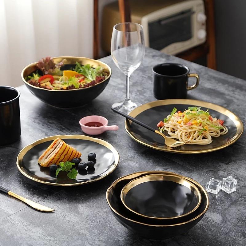 Gold Rim Porcelain Plates and Bowls, Set of 6