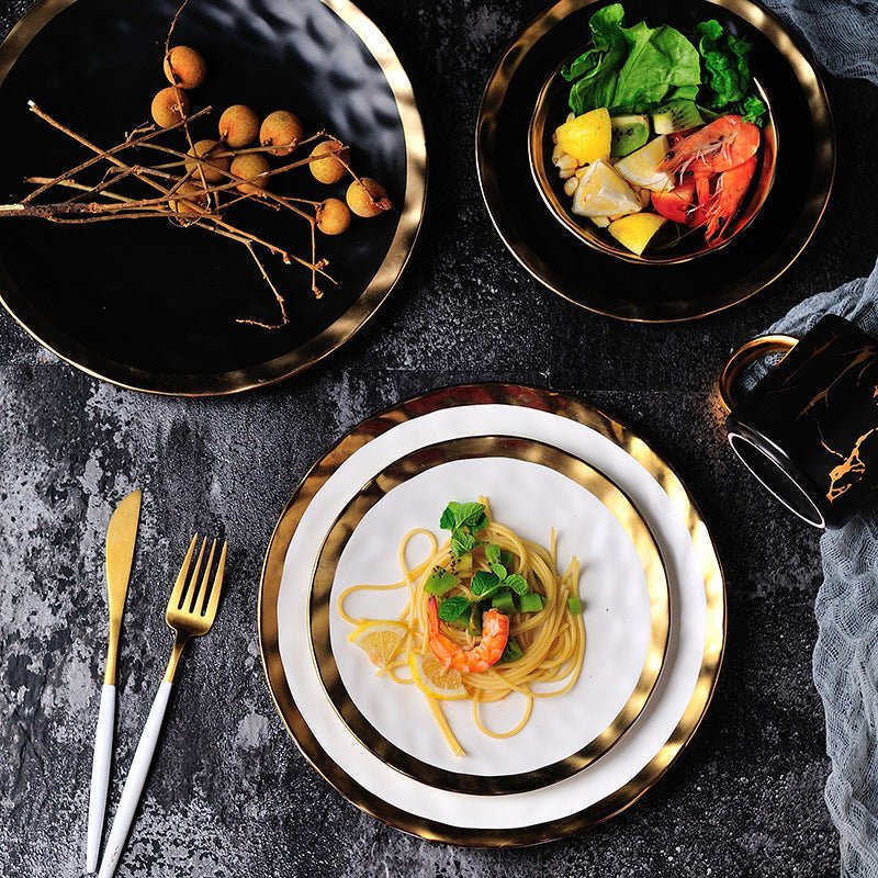 Gold Rim Porcelain Plates and Bowls, Set of 6