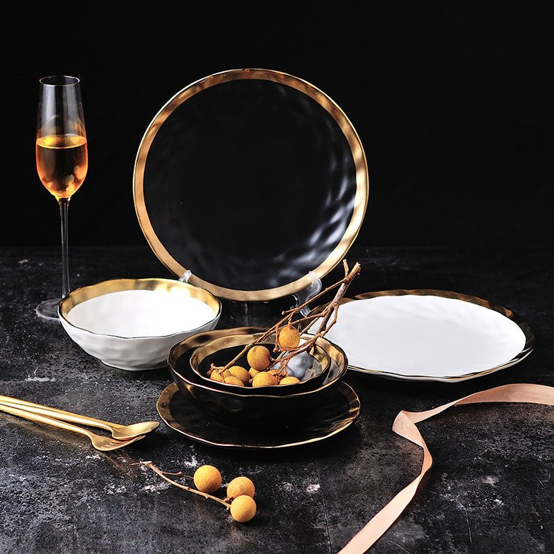 Gold Rim Porcelain Plates and Bowls, Set of 6