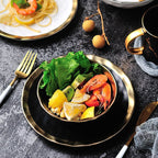 Gold Rim Porcelain Plates and Bowls, Set of 6