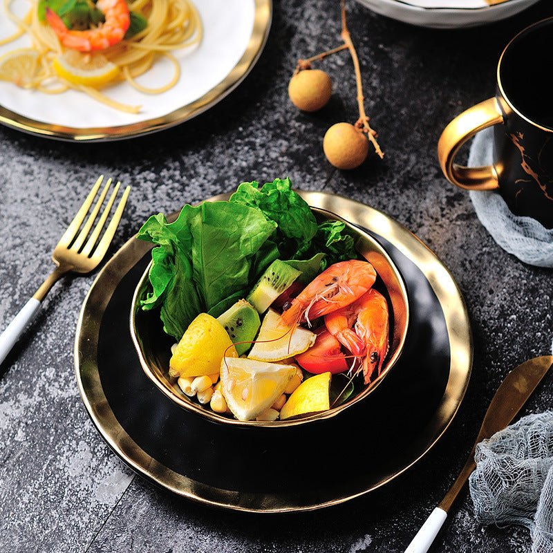 Gold Rim Porcelain Plates and Bowls, Set of 6