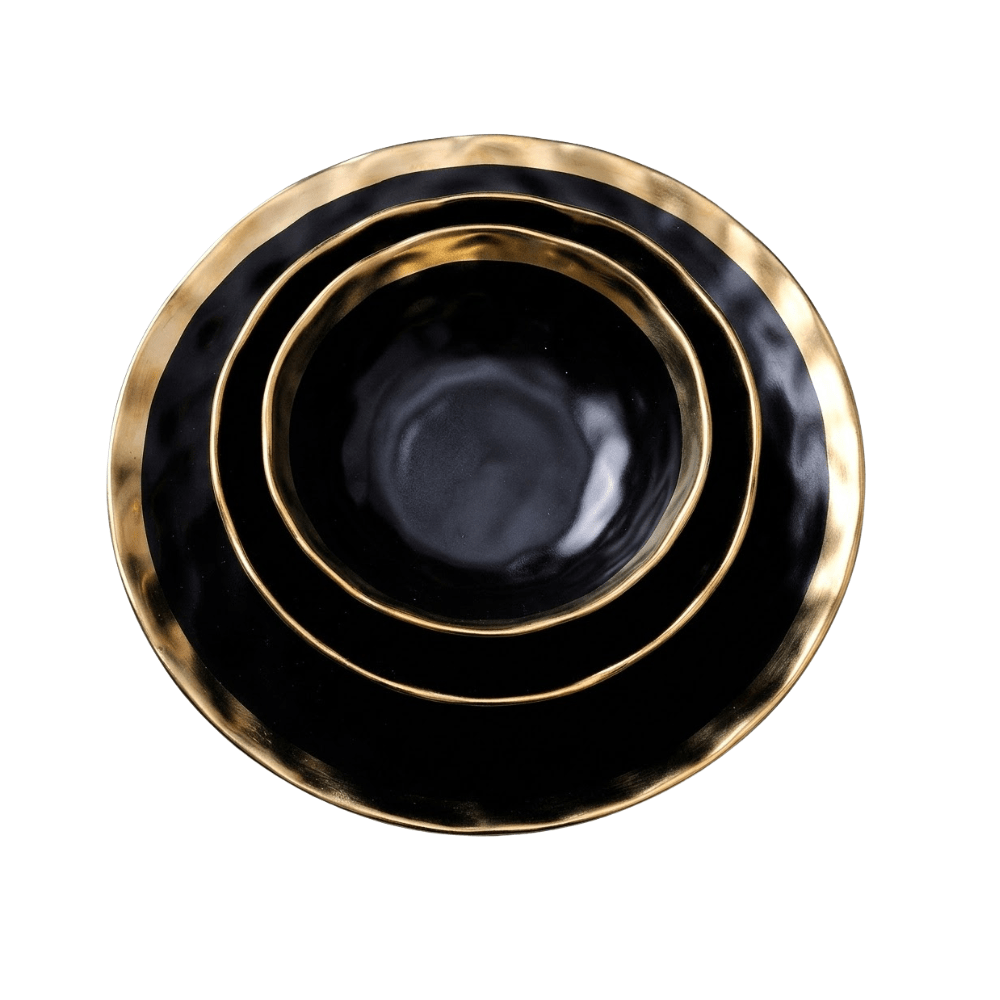 Gold Rim Porcelain Plates and Bowls, Set of 6