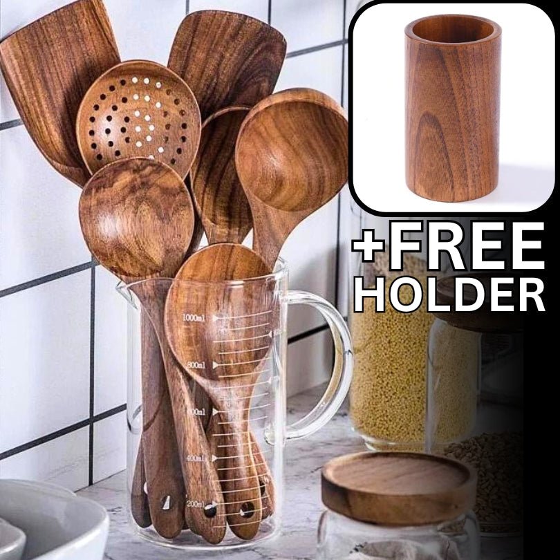 Teak Wood Cooking Utensils with Stand, 7 Pieces
