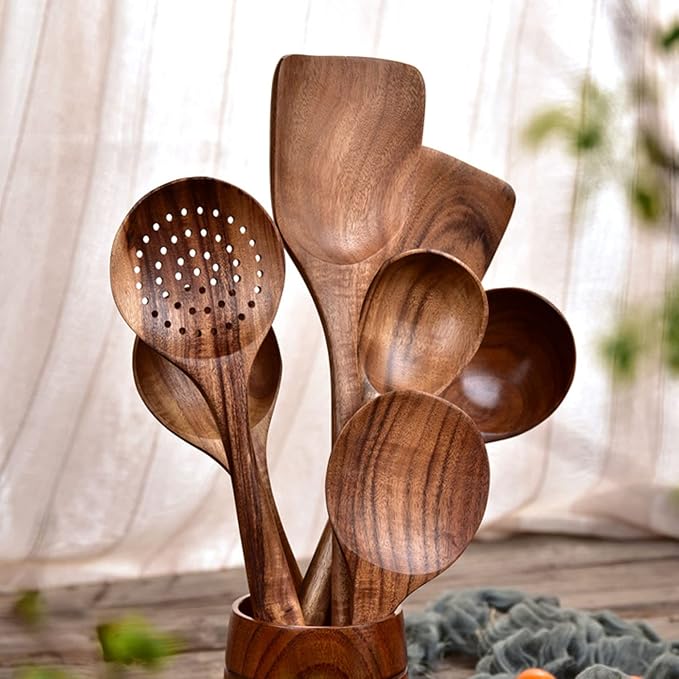 Teak Wood Cooking Utensils with Stand, 7 Pieces