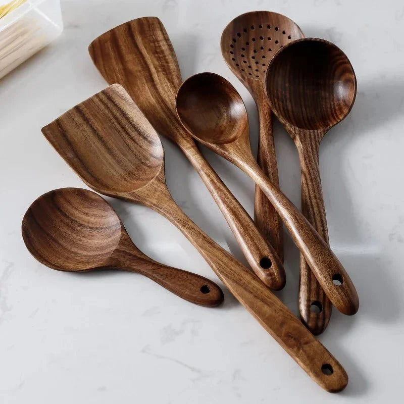Teak Wood Cooking Utensils with Stand, 7 Pieces
