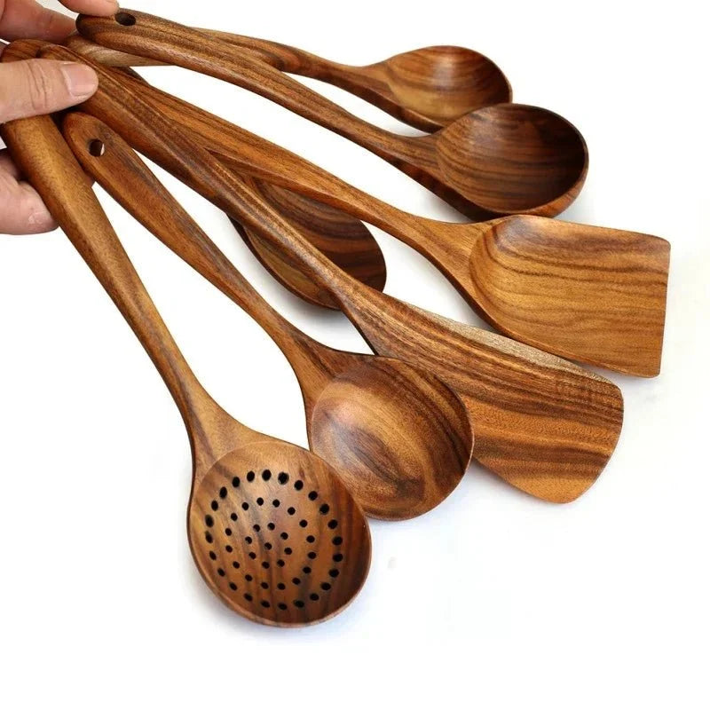 Teak Wood Cooking Utensils with Stand, 7 Pieces