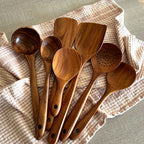Teak Wood Cooking Utensils with Stand, 7 Pieces