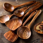 Teak Wood Cooking Utensils with Stand, 7 Pieces